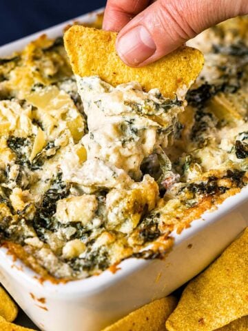 Spinach artichoke dip in a white baking dish with a tortilla chip scooping the creamy, cheesy dip.