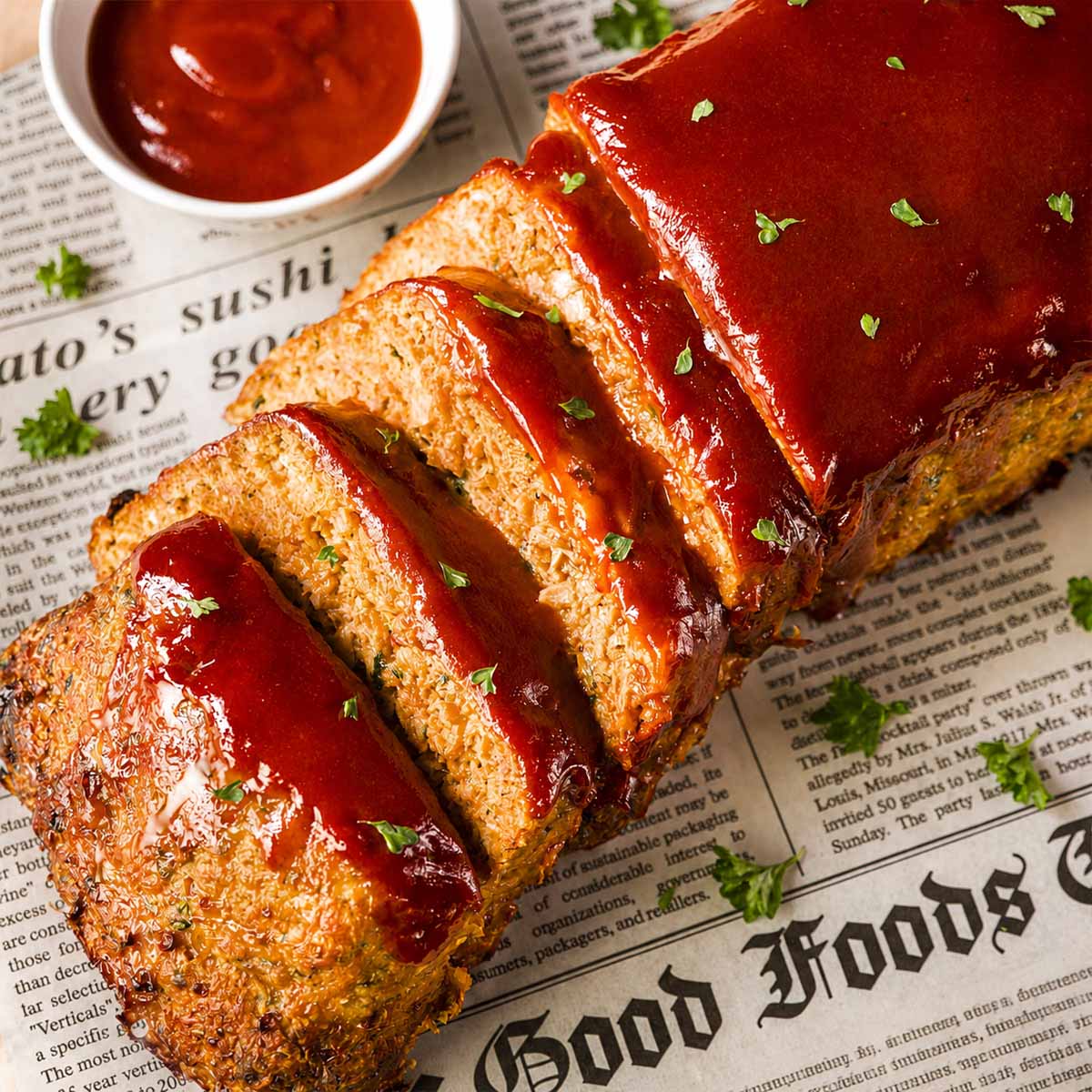 Sliced turkey meatloaf with brown sugar ketchup glaze, served on a cutting board with parsley and a small bowl of brown sugar ketchup glaze.