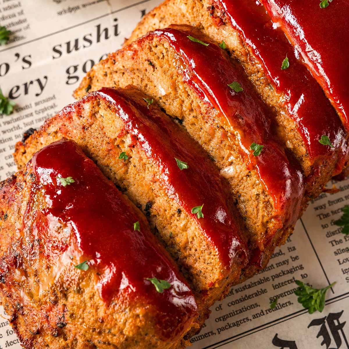 Close-up of sliced turkey meatloaf with a glossy brown sugar ketchup glaze dripping over the cut edges.