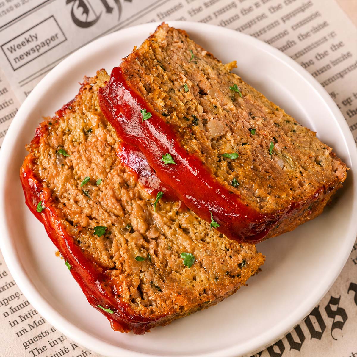 Two slices of turkey meatloaf on a white plate, topped with a glossy brown sugar ketchup glaze and sprinkled with chopped parsley.