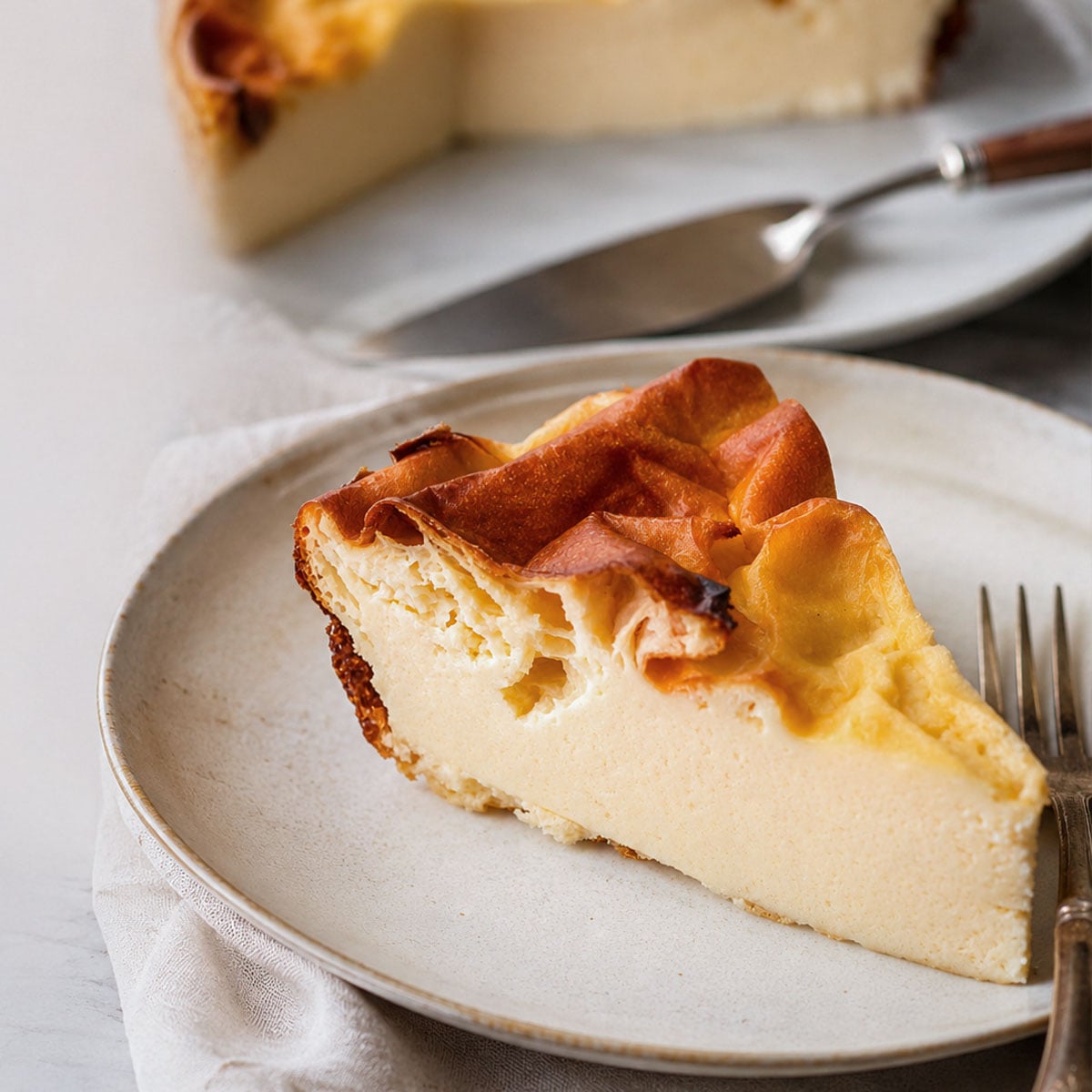 Slice of 4-ingredient yogurt cake on a white plate with a fork, showing a creamy, smooth center and a golden-brown top, with the remaining cake on a serving plate in the background.