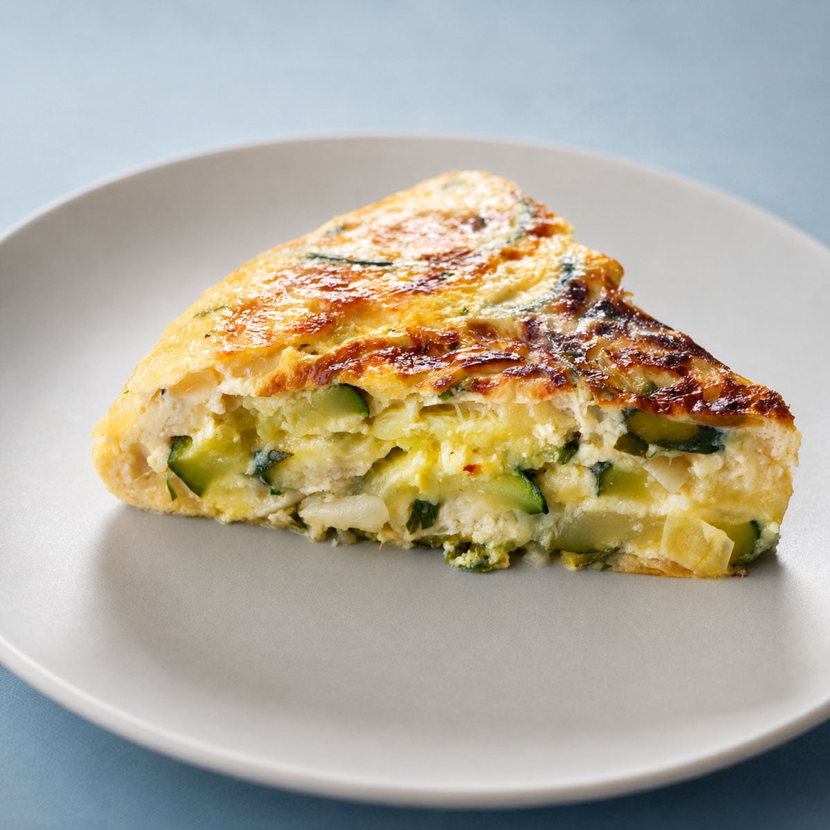 Close-Up Slice of Zucchini Frittata with Cheese and Tender Zucchini on a White Plate