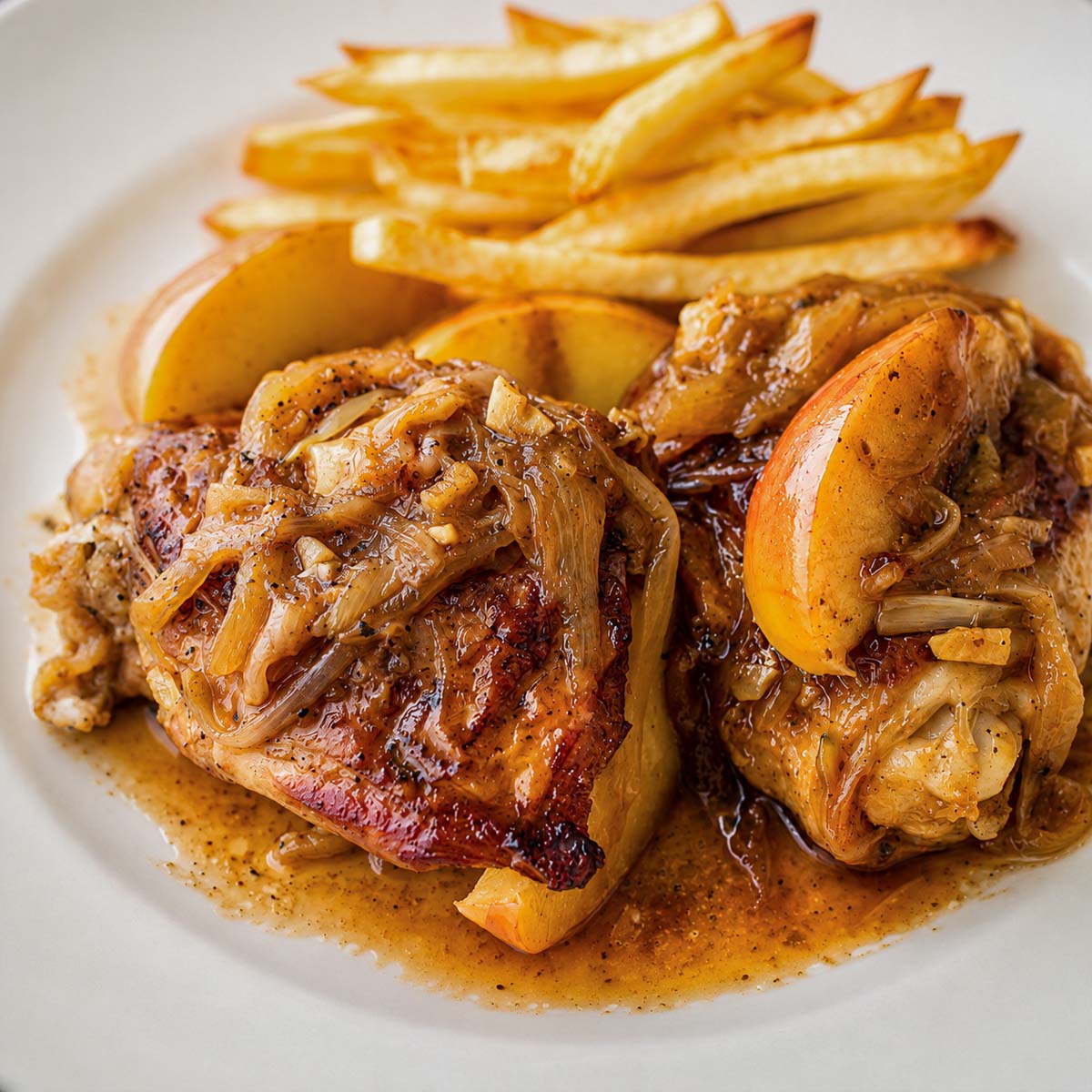 Apple cider chicken thighs served with caramelized onions, apple wedges, and crispy fries on a white plate