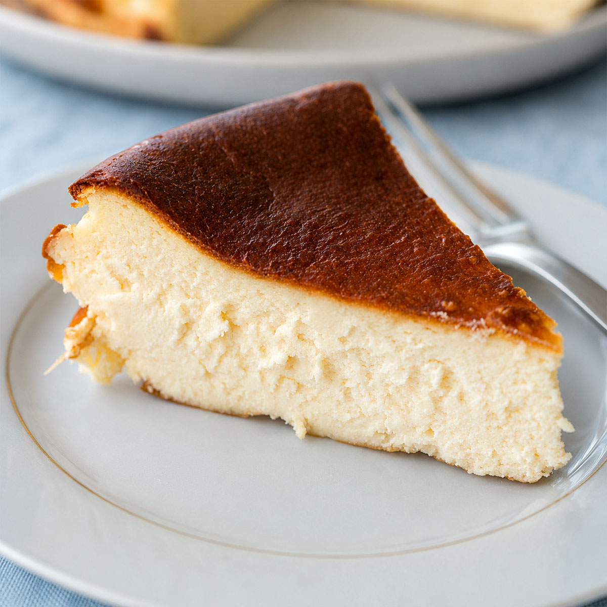 Basque burnt cheesecake with a sliced piece on a plate, golden caramelized top