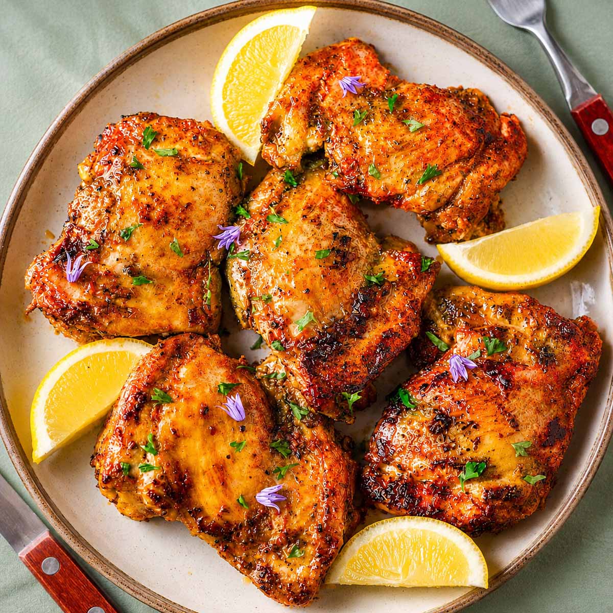 Boneless skinless chicken thigh marinade with grilled chicken thighs, fresh lemon wedges, and parsley on a ceramic plate