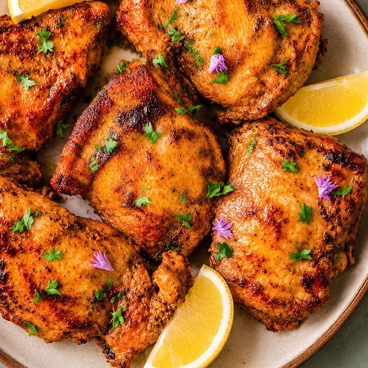Juicy boneless skinless chicken thighs coated in a lemon garlic marinade and cooked until golden brown on a serving plate