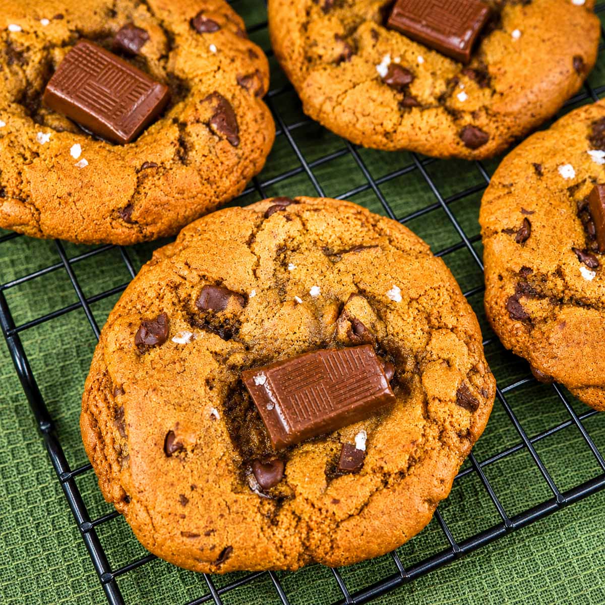 Thick bakery-style brown butter chocolate chip cookie topped with chocolate and sea salt.