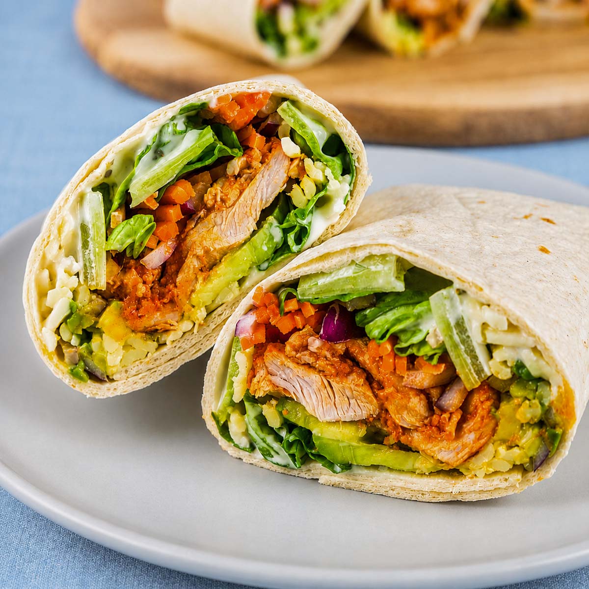 Buffalo chicken wraps cut in half with lettuce, avocado, carrots, shredded cheese, and creamy ranch dressing