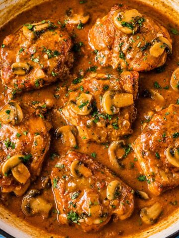 Chicken Chasseur (French hunter’s chicken) with golden chicken thighs simmered in a rich mushroom, tomato, and white wine sauce in a skillet.