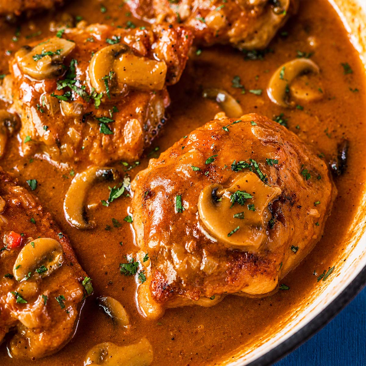 Close-up of Chicken Chasseur (French hunter’s chicken) with a golden chicken thigh and mushrooms in a rich tomato and white wine sauce, finished with fresh parsley.