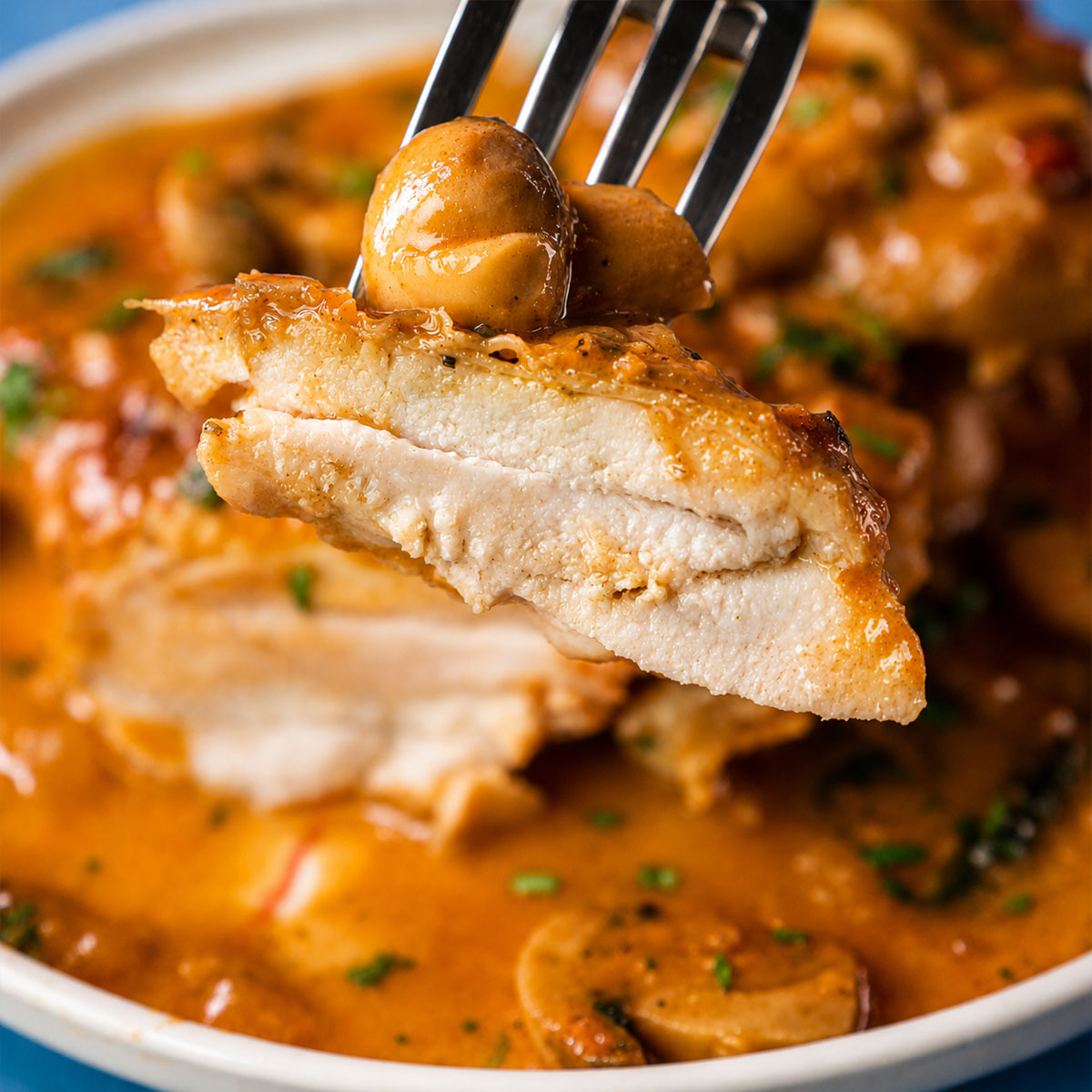 Fork holding a juicy piece of Chicken Chasseur with mushrooms and creamy tomato wine sauce showing the tender interior