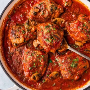 Chicken Marengo simmering in a skillet with mushrooms in a rich tomato and white wine sauce