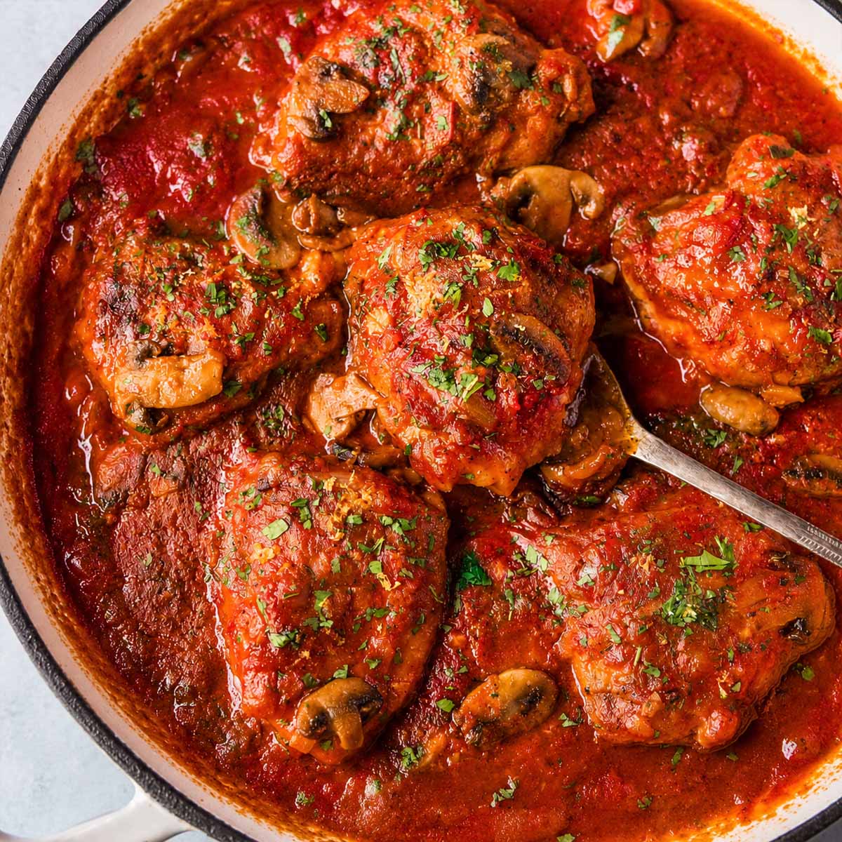 Chicken Marengo simmering in a skillet with mushrooms in a rich tomato and white wine sauce