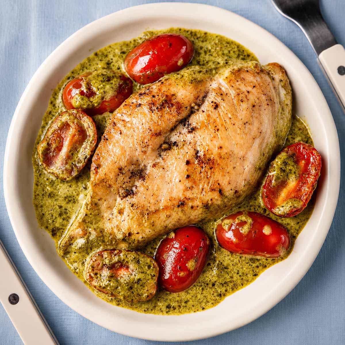 Creamy pesto chicken served with roasted cherry tomatoes in a rich Parmesan basil pesto cream sauce on a white plate