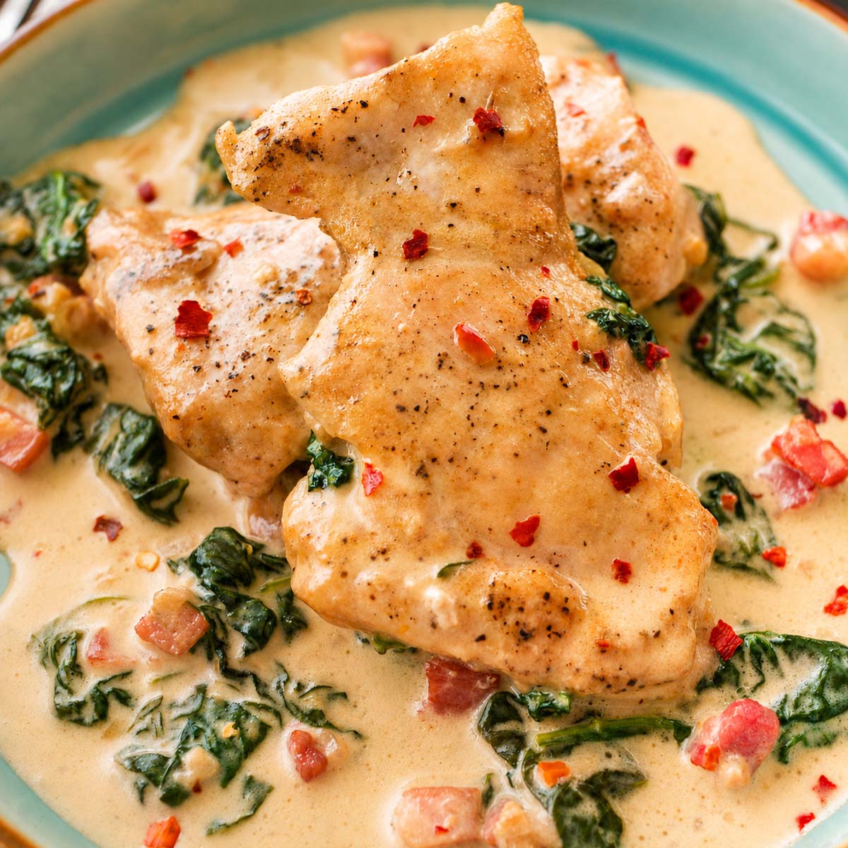 Close-up of creamy spinach chicken thighs with bacon and fresh spinach in a garlic cream sauce.