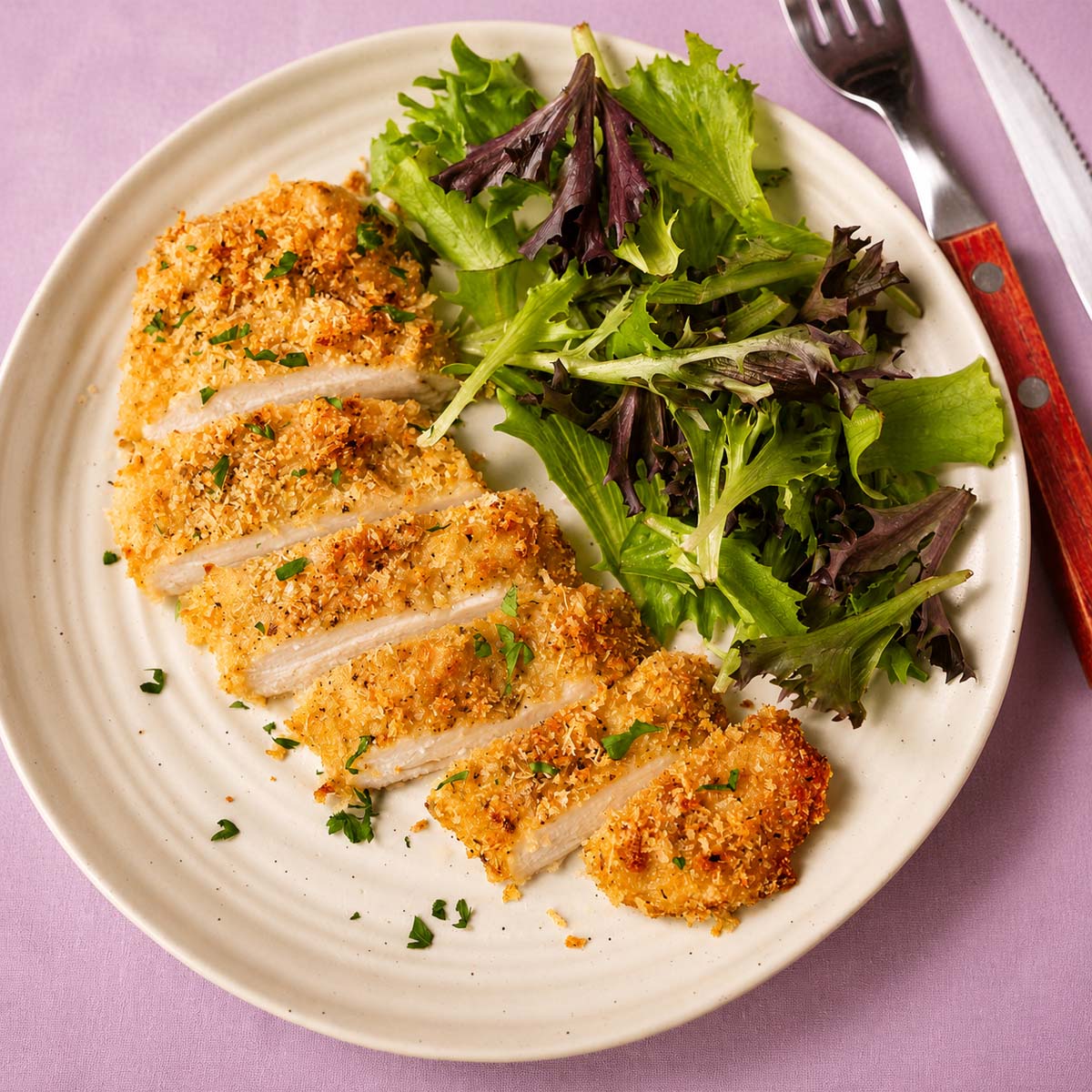 Sliced crispy baked Parmesan crusted chicken served with a fresh green salad on a white dinner plate.