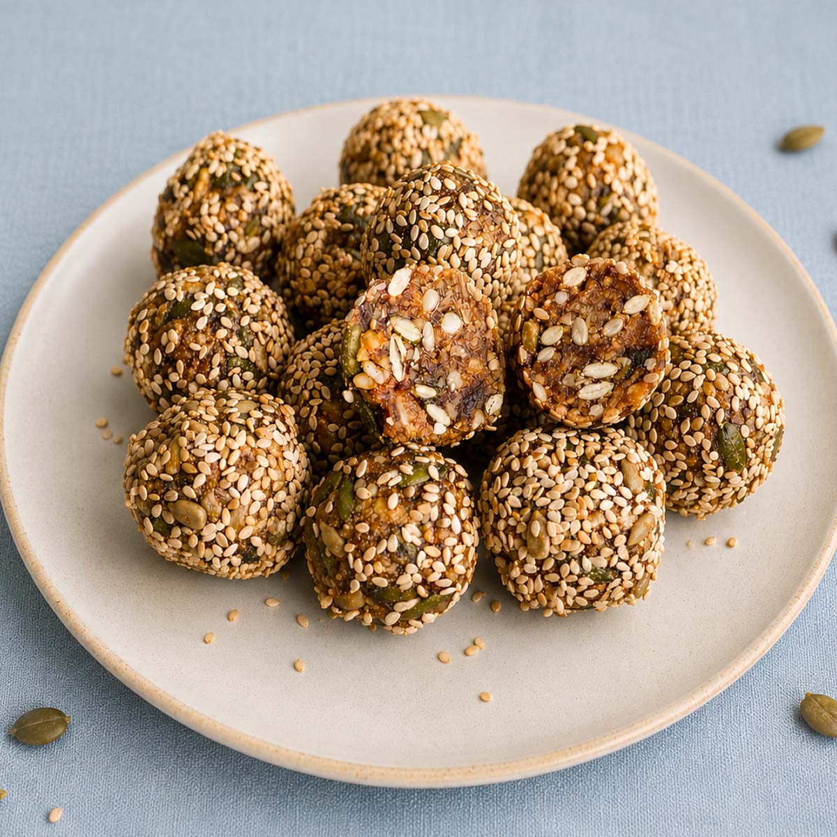 Date balls with walnuts and sunflower seeds coated in sesame seeds, with one ball cut open to show the nutty center