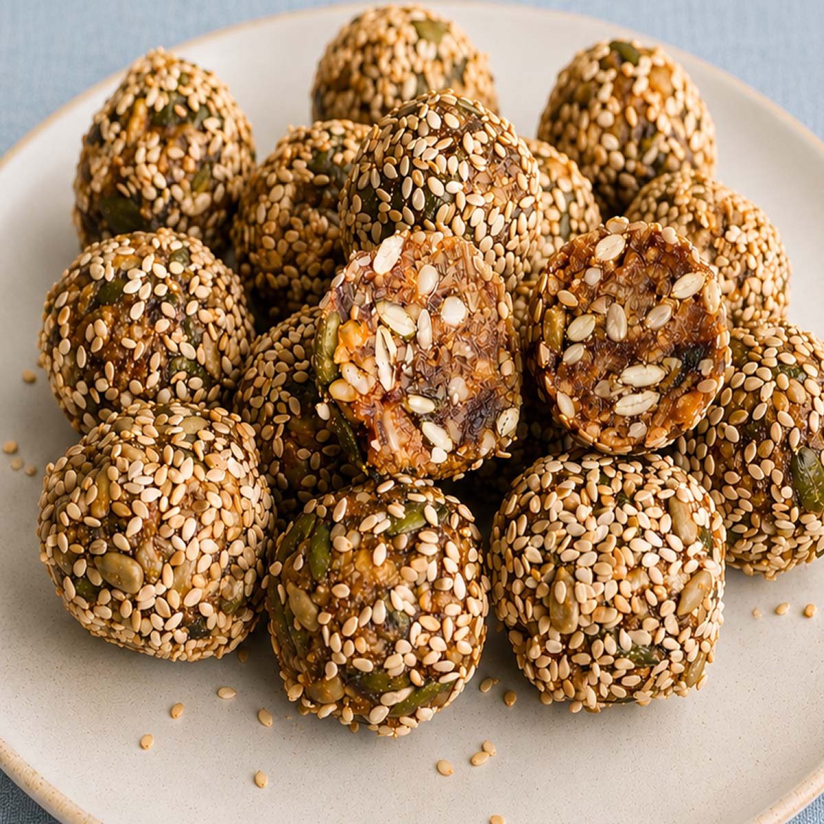 Close-up of sesame date balls with walnuts and sunflower seeds