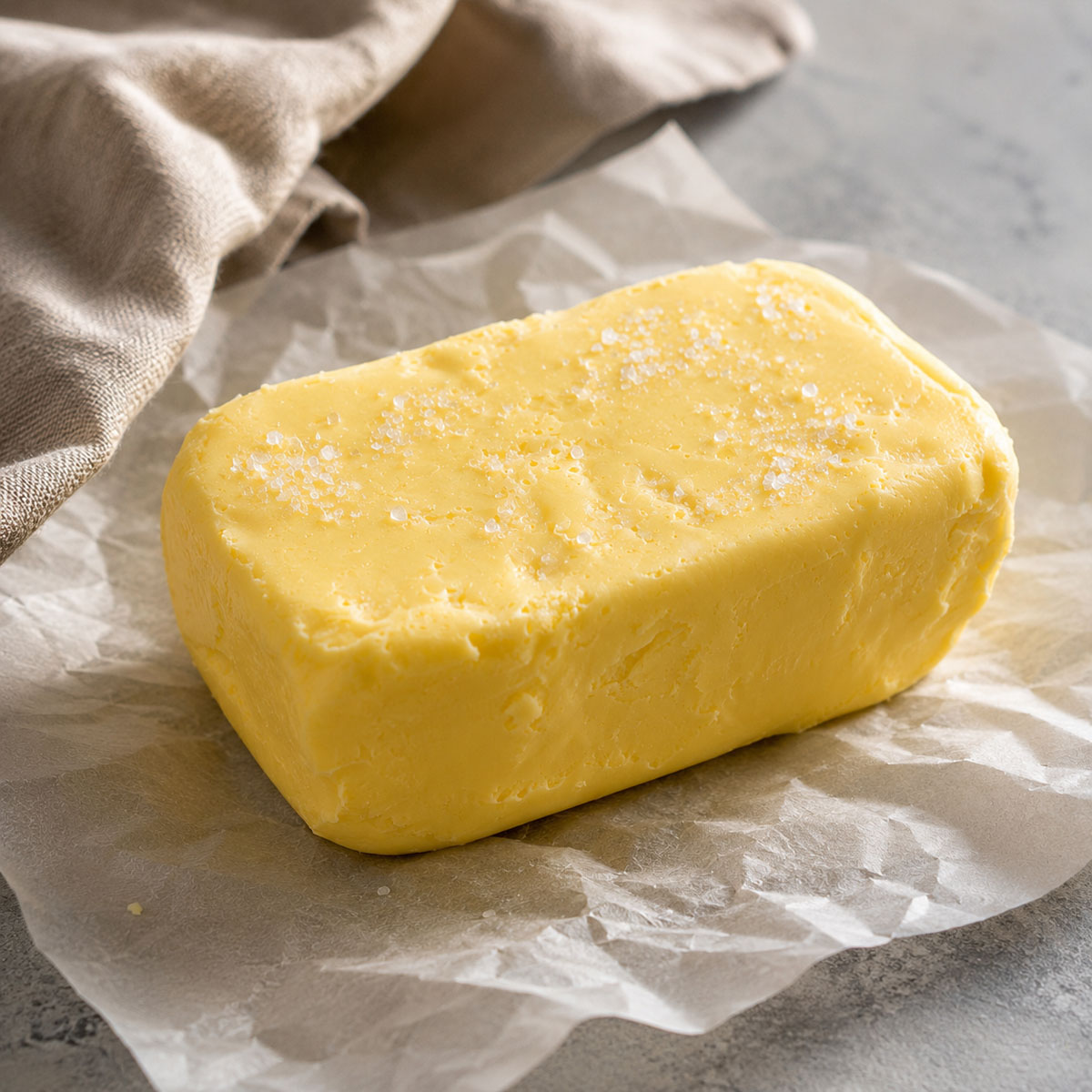 Homemade butter made from heavy cream sprinkled with flaky sea salt on parchment paper