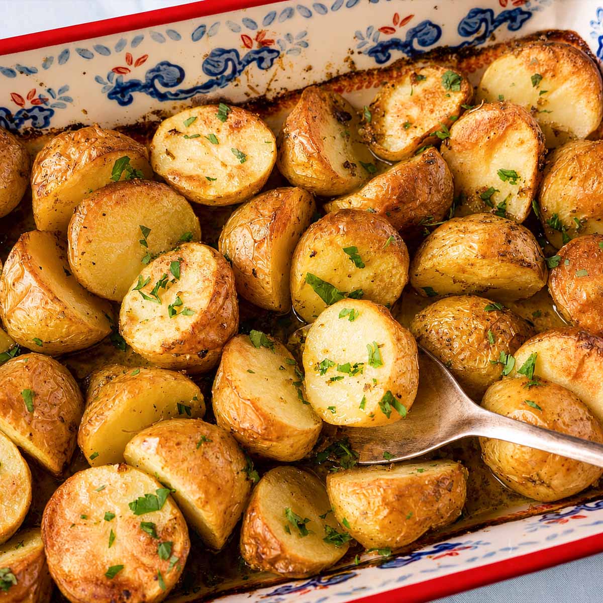 Greek lemon roasted baby potatoes in a ceramic baking dish with garlic, oregano, olive oil, and fresh parsley, roasted until golden and tender.