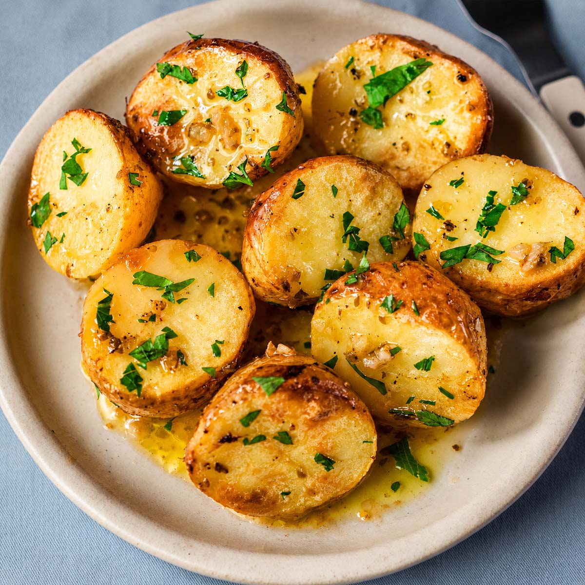 Greek lemon roasted baby potatoes served on a plate with lemon garlic sauce, roasted until golden brown and garnished with fresh parsley.