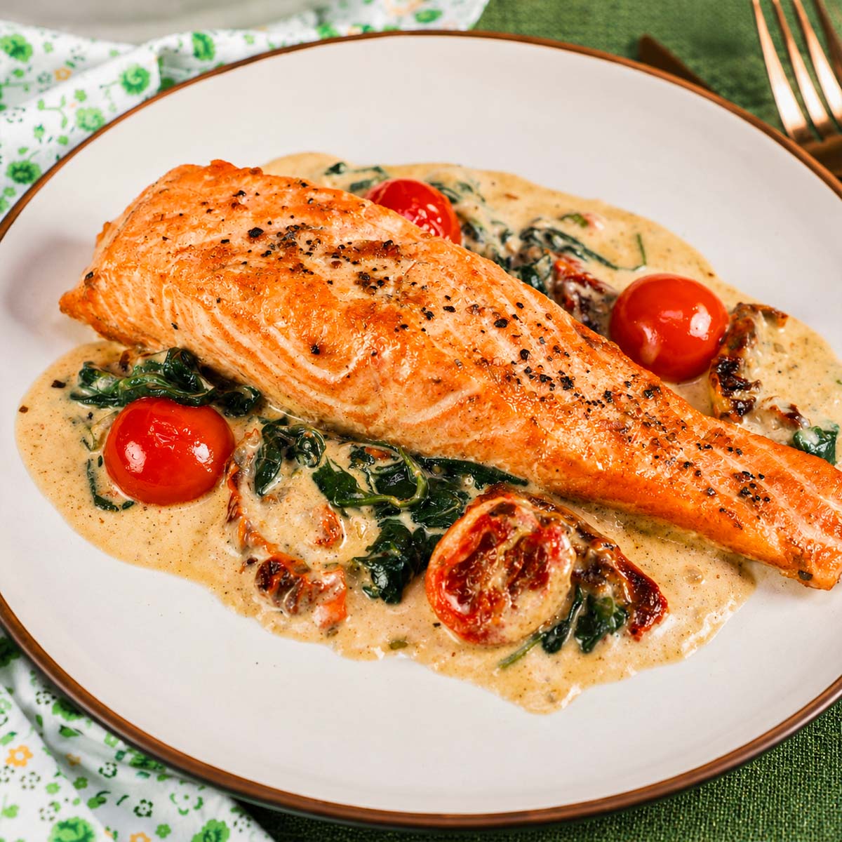 Marry Me Salmon served on a white plate with creamy sun-dried tomato Parmesan sauce, wilted spinach, and cherry tomatoes.