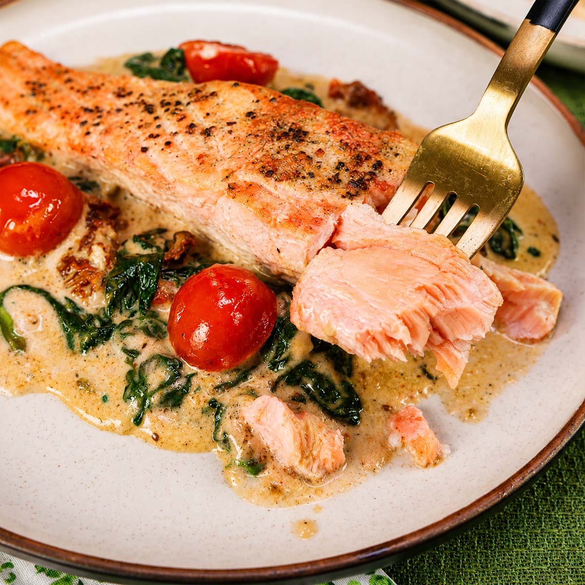 Marry Me Salmon on a white plate with creamy sun-dried tomato Parmesan sauce, wilted spinach, and cherry tomatoes, cut into flaky pieces with a fork.