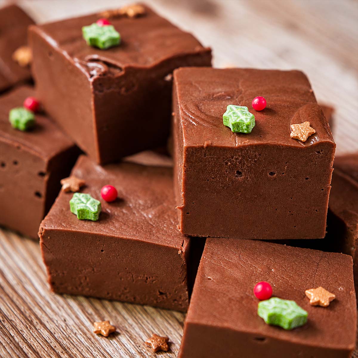 Rich chocolate marshmallow fudge squares topped with festive holiday sprinkles on a wooden plate. 