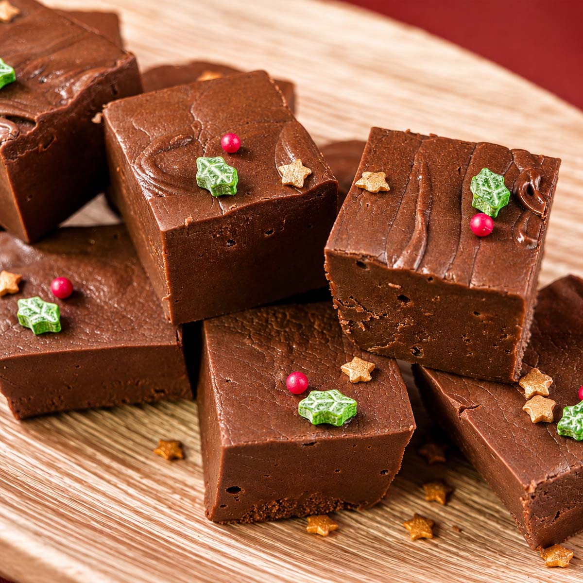 A stack of smooth chocolate marshmallow fudge squares decorated with small festive sprinkles on a wooden serving plate.