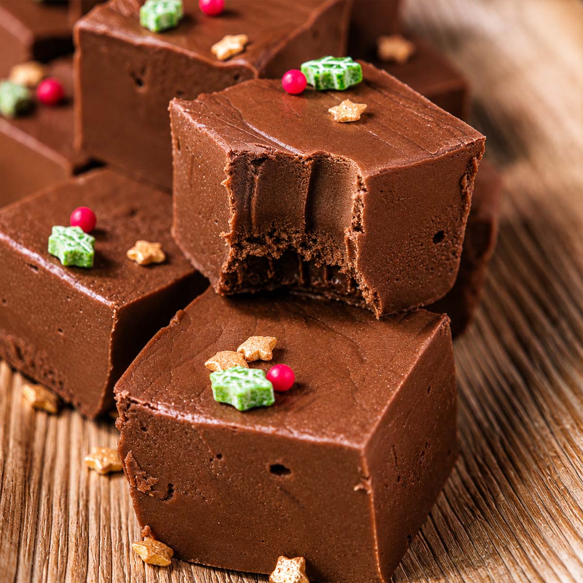 Chocolate marshmallow fudge square with a bite taken out, decorated with festive sprinkles, stacked on a wooden board. 