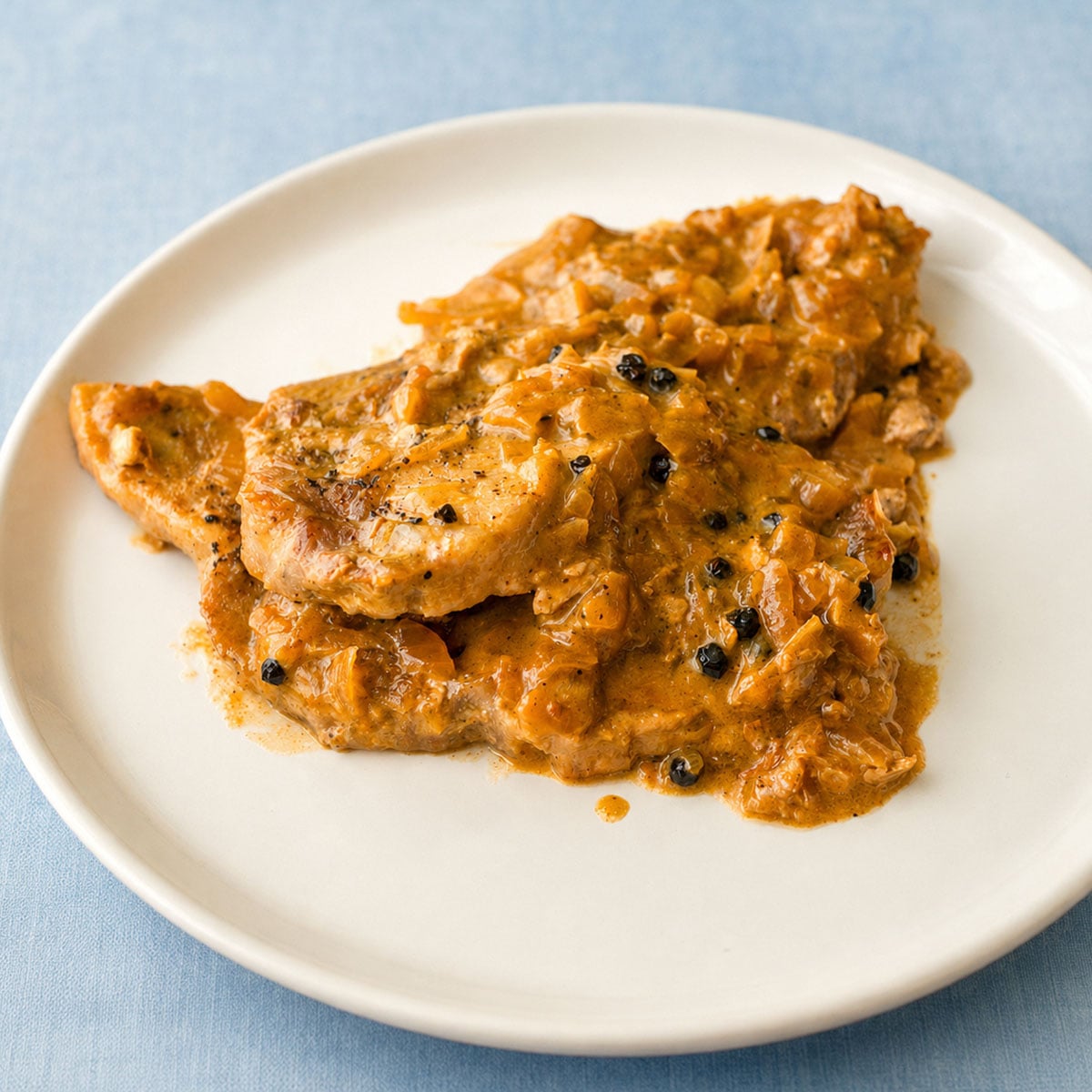 Pork chops in creamy peppercorn sauce served on a white plate