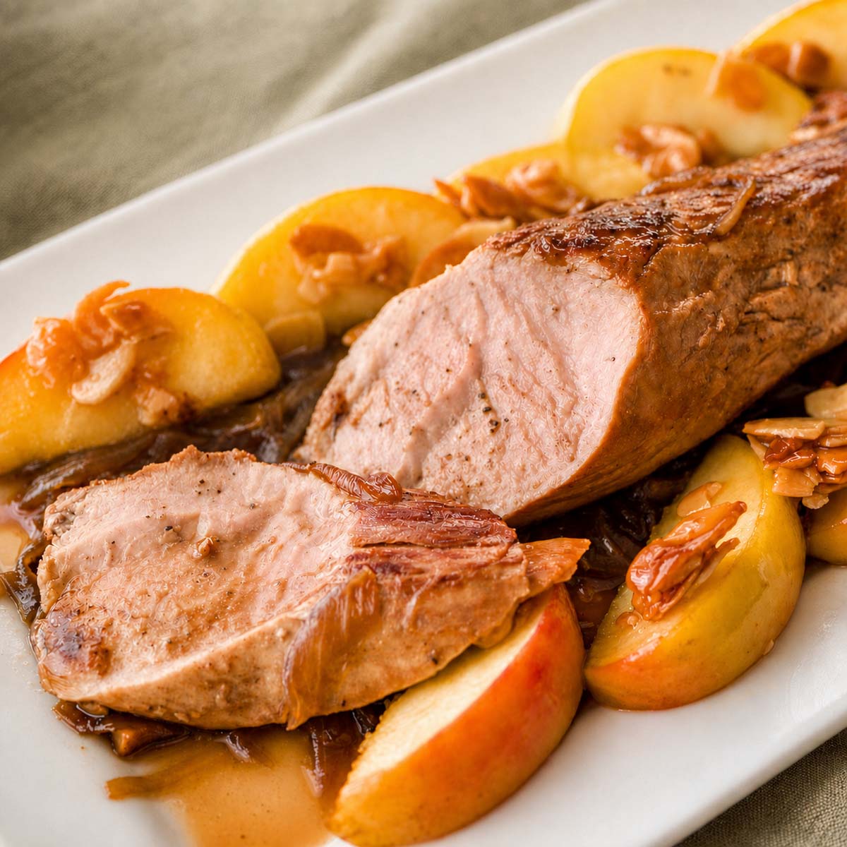 Pork tenderloin sliced and served on a white platter with caramelized apples and onions