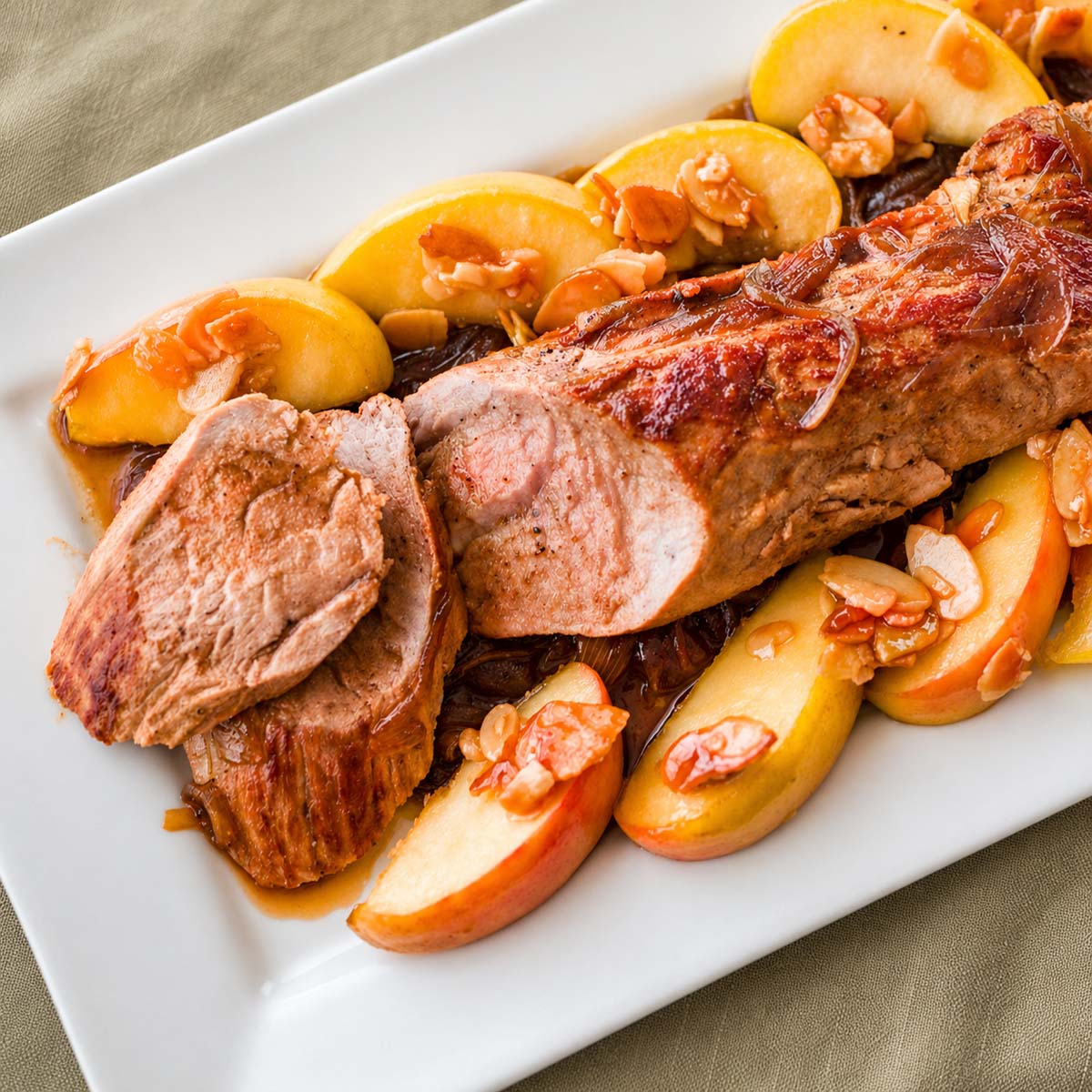 Pork tenderloin sliced and served on a white platter with caramelized apples and onions