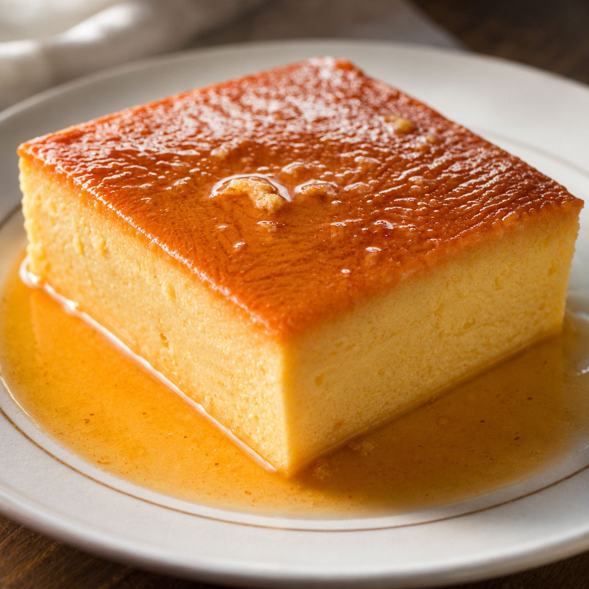 Square slice of pumpkin flan topped with caramel, served on a white plate with caramel sauce pooling around it.