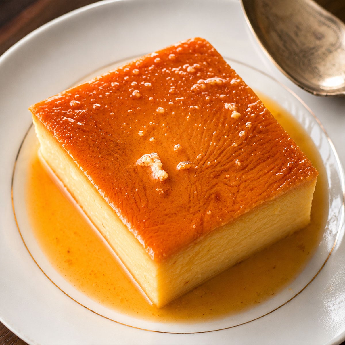 Square slice of pumpkin flan with condensed milk, topped with glossy caramel and served in a pool of caramel sauce on a white plate with a spoon alongside.