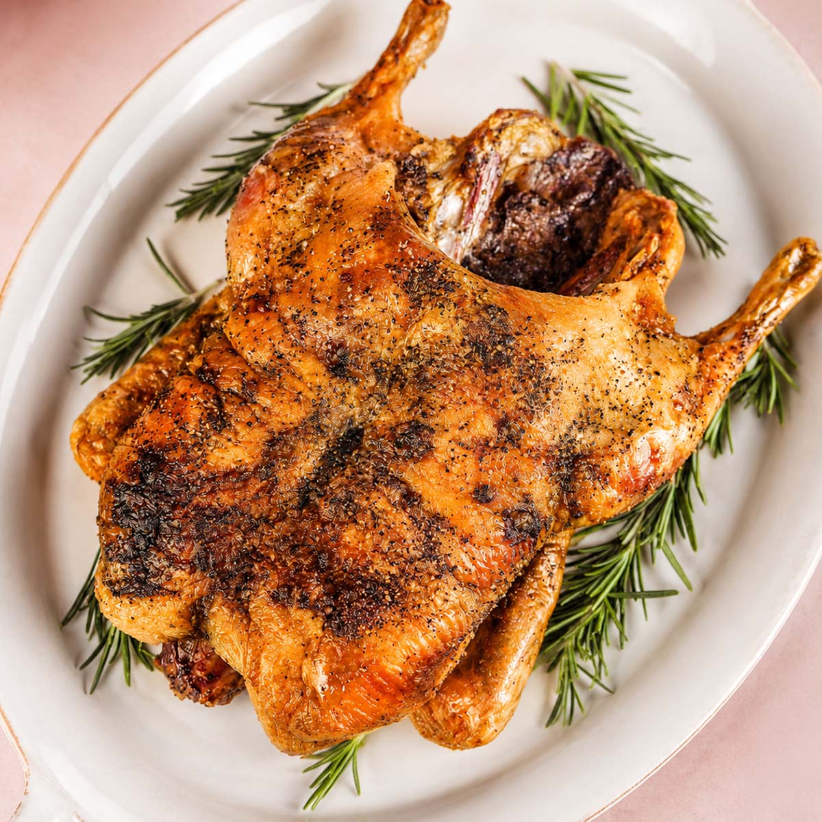 Whole roasted duck with crisp, golden-brown skin and black pepper seasoning, served on a white platter with fresh rosemary sprigs.