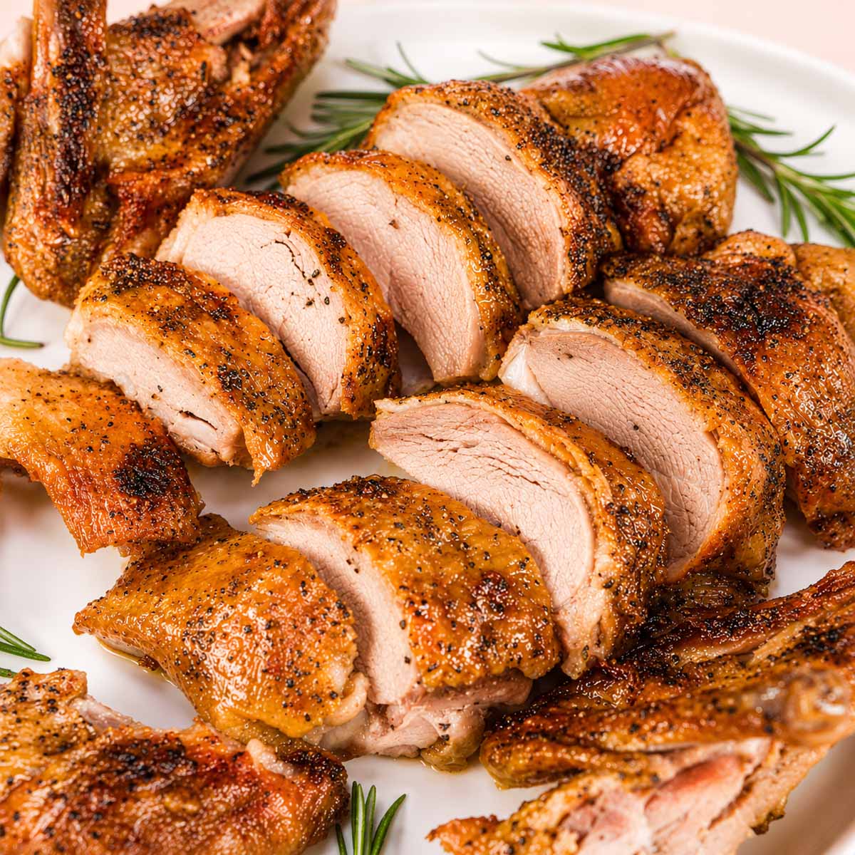 Close-up of roasted duck breast sliced into thick pieces, showing juicy meat and crisp, golden skin, served on a platter with rosemary.