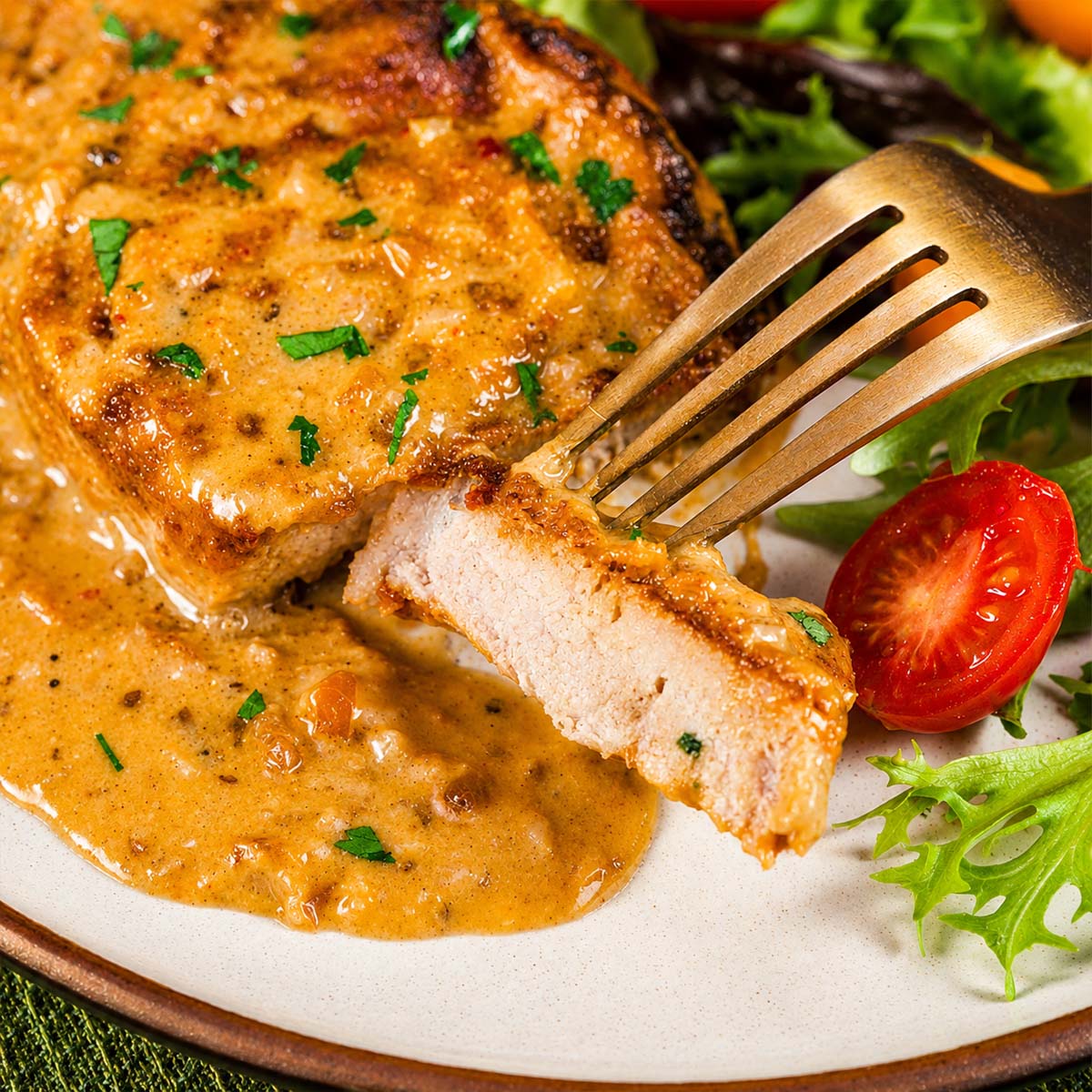 Tender smothered pork chop with creamy onion gravy served with a fresh green salad