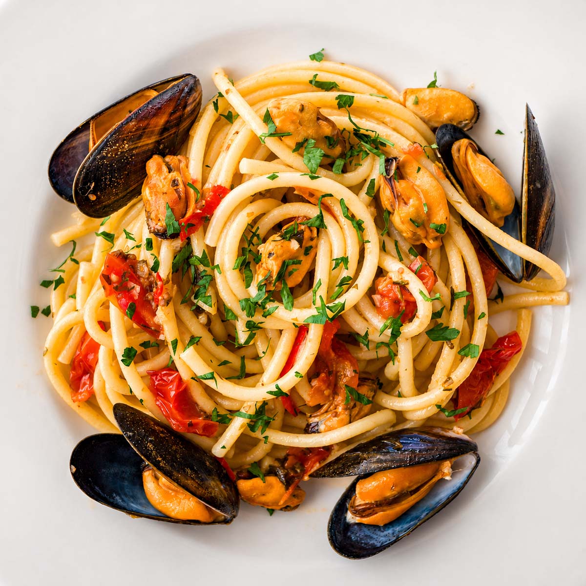 Spaghetti with mussels in a garlic and parsley sauce with cherry tomatoes, classic Italian seafood pasta on a white plate.