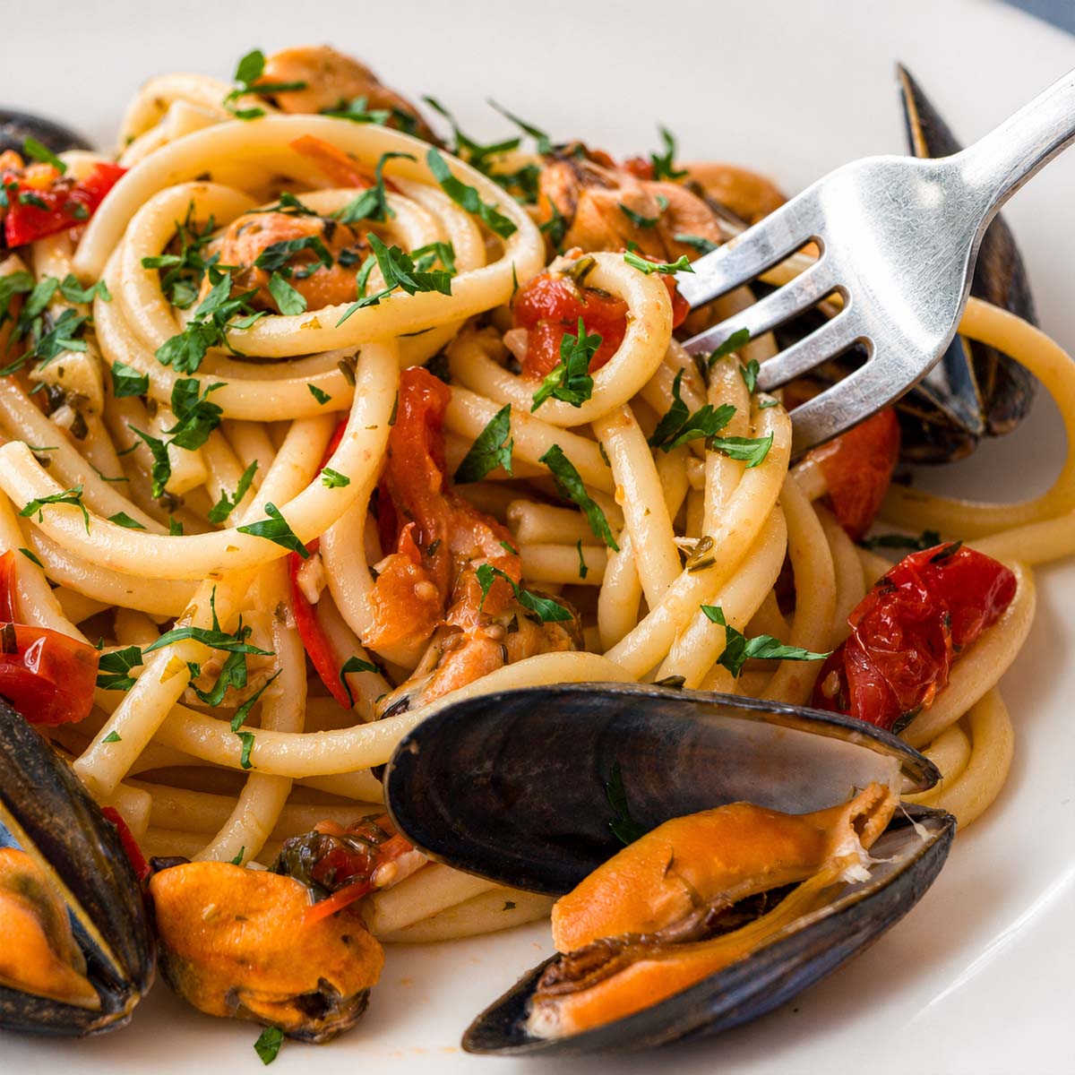 Fork twirling spaghetti with mussels, cherry tomatoes, garlic, and parsley in a light Italian seafood pasta sauce.
