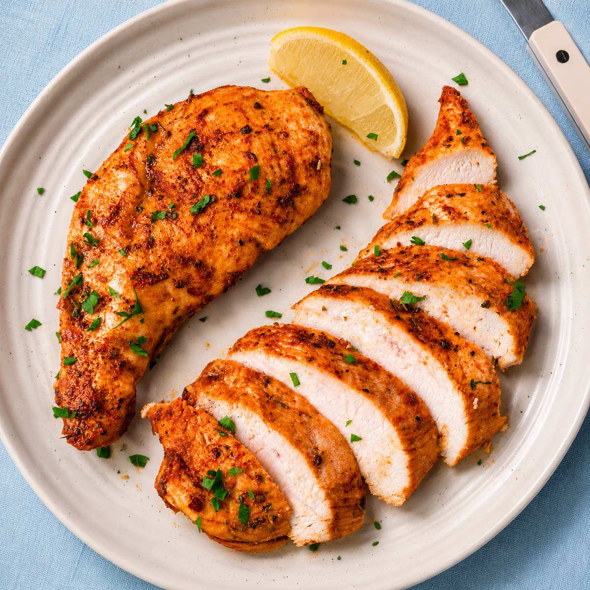 Thin sliced chicken breast in the oven sliced to show the juicy interior, served on a white plate with fresh parsley and a lemon wedge.