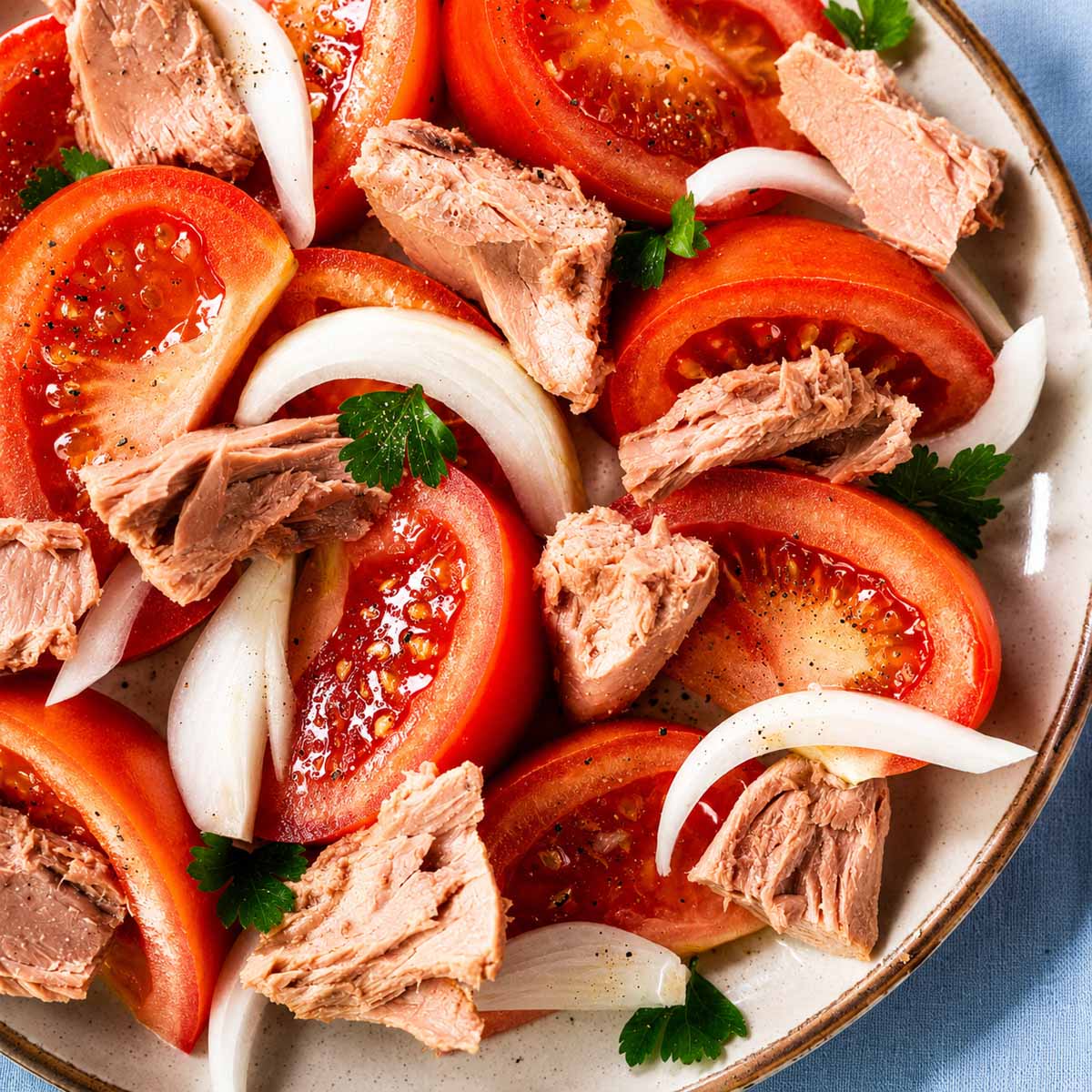 Close-up of Spanish tuna salad with ripe tomatoes, tuna chunks, onion slices, and extra virgin olive oil