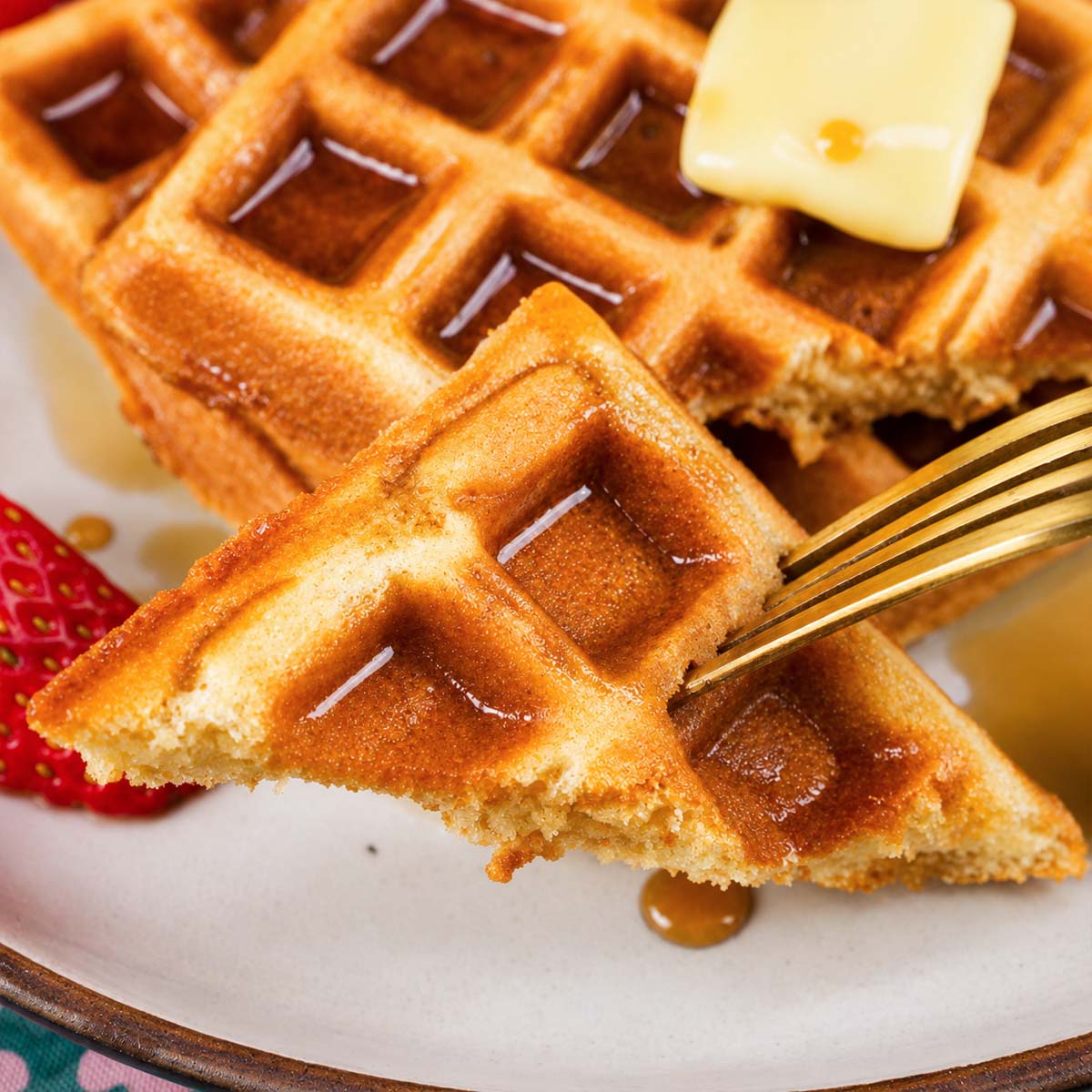 Crispy homemade waffle piece with maple syrup held on a fork