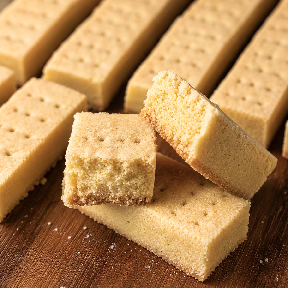 Traditional shortbread cookies with a broken piece revealing the rich buttery crumb on a wooden board