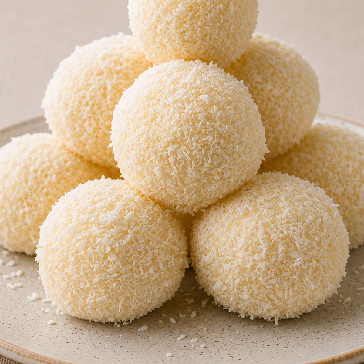 Homemade 2 ingredient coconut balls arranged on a ceramic plate with shredded coconut scattered around