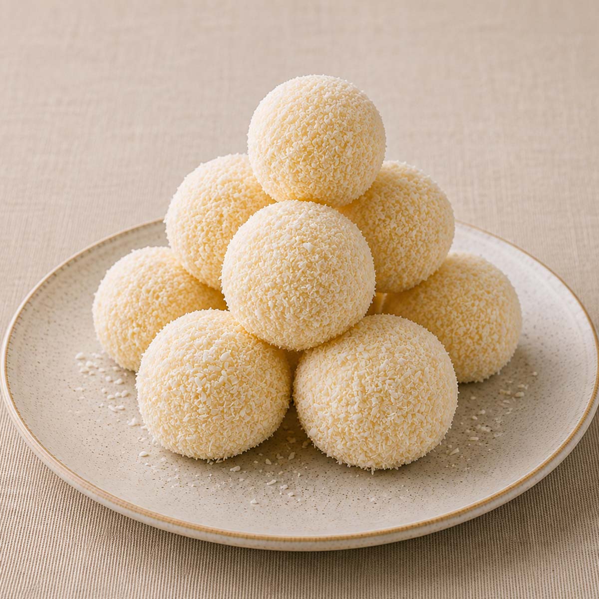 2 ingredient coconut balls coated in shredded coconut stacked on a speckled ceramic plate