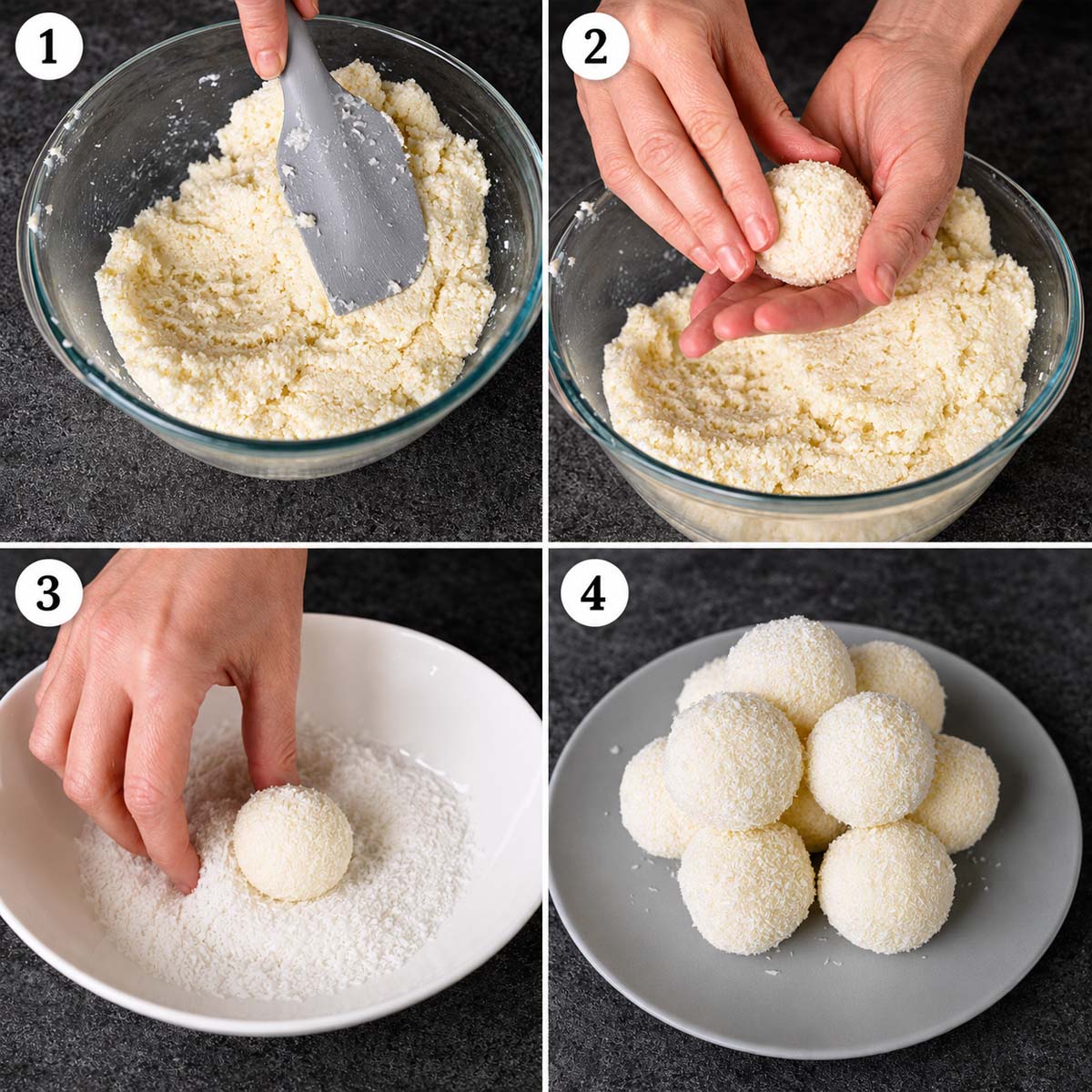 Finely shredded coconut mixed with condensed milk, divided and rolled into balls, coated with coconut, then arranged to chill.