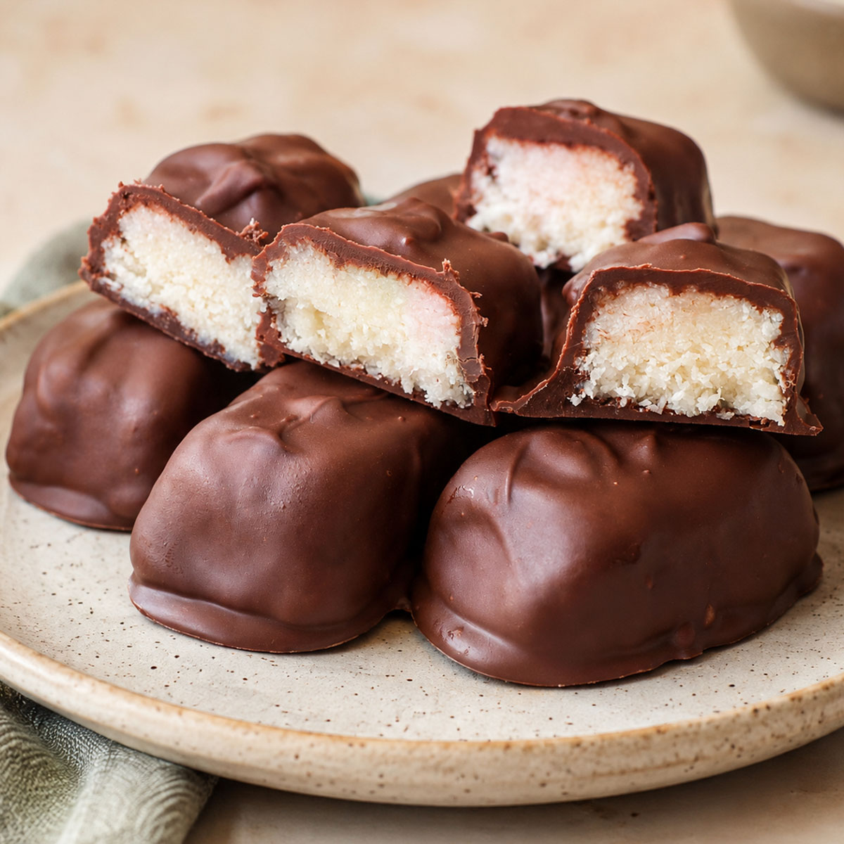 3 ingredient Mounds bars with chocolate coating and soft coconut filling on a ceramic plate