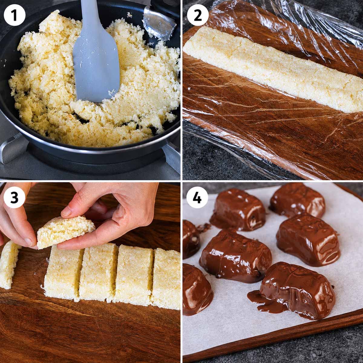 Mixing coconut with condensed milk, shaping the mixture, cutting it into bars and coating each piece in melted chocolate.