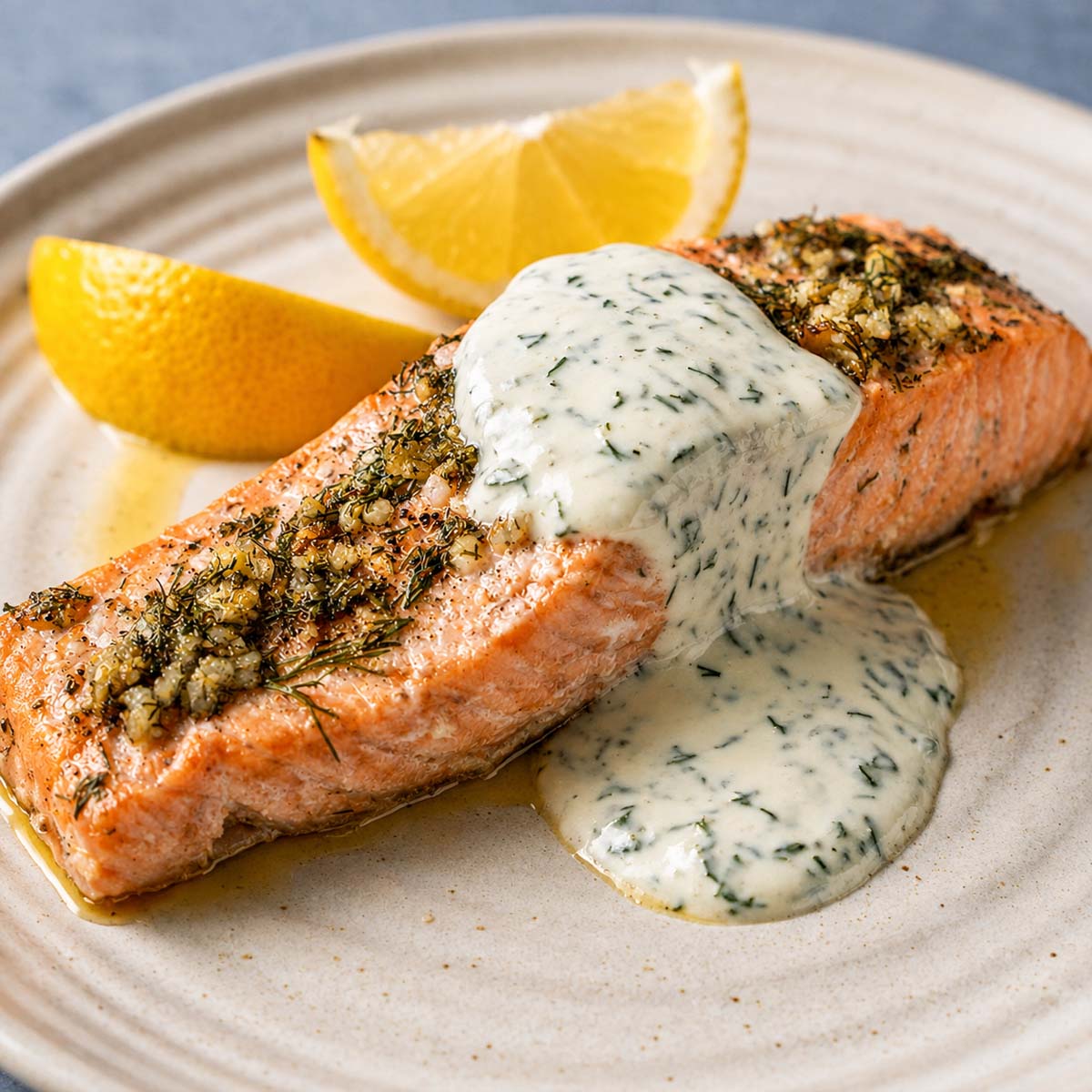 baked lemon dill salmon topped with creamy dill sauce served with lemon wedges on a plate